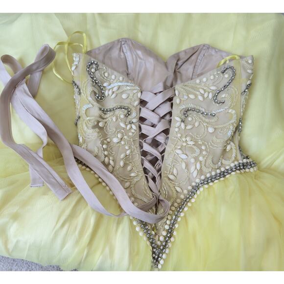 Mac Duggal Yellow Corset Beaded Ball Gown Rhinestones Satin Tulle Sz 0 - Picture 8 of 15